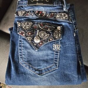 Miss Me Blue Denim Jeans with Paisley Accents